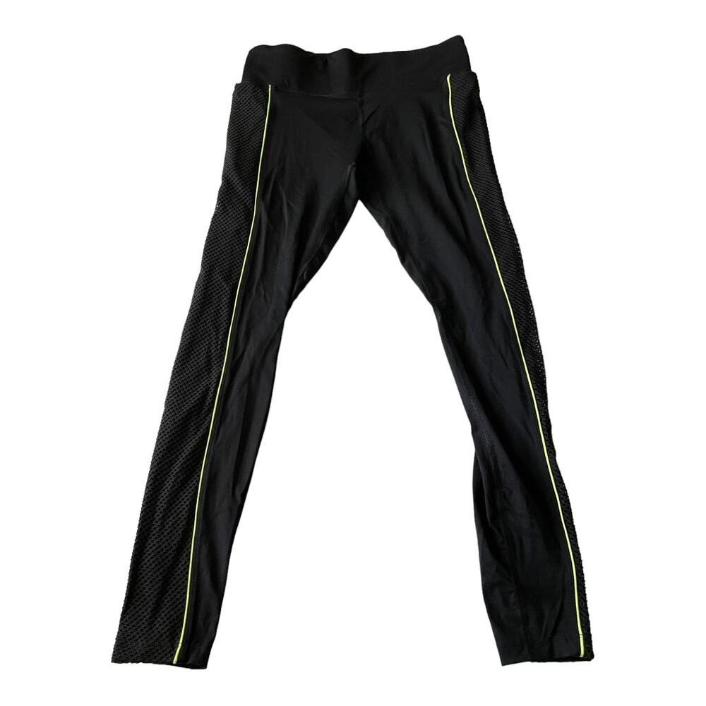 PINK Victorias Secret Ulimate Leggings Size Small Black Neon Yellow Logo Mesh